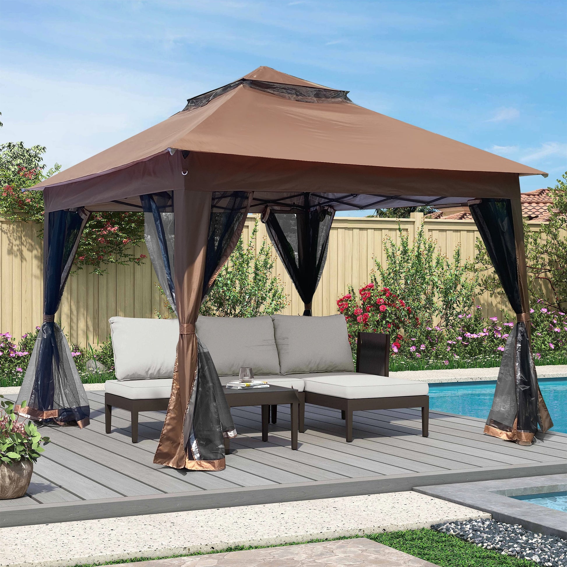 AAZJ 11-ft x 11-ft Gazebos Brown Gazebo with Soft Top Roof (Screen Included)