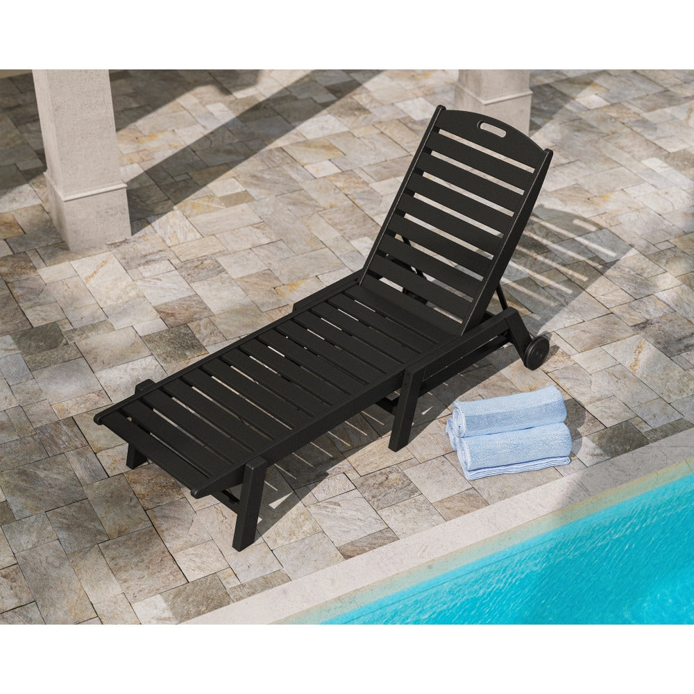 POLYWOOD Nautical Stackable Black HDPE Frame Stationary Chaise Lounge Chair with Slat Seat