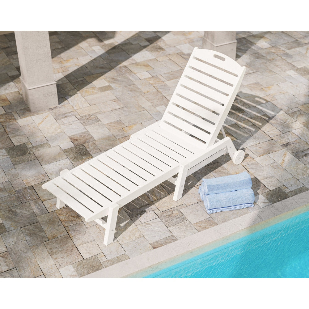 POLYWOOD Nautical Stackable White HDPE Frame Stationary Chaise Lounge Chair with Slat Seat