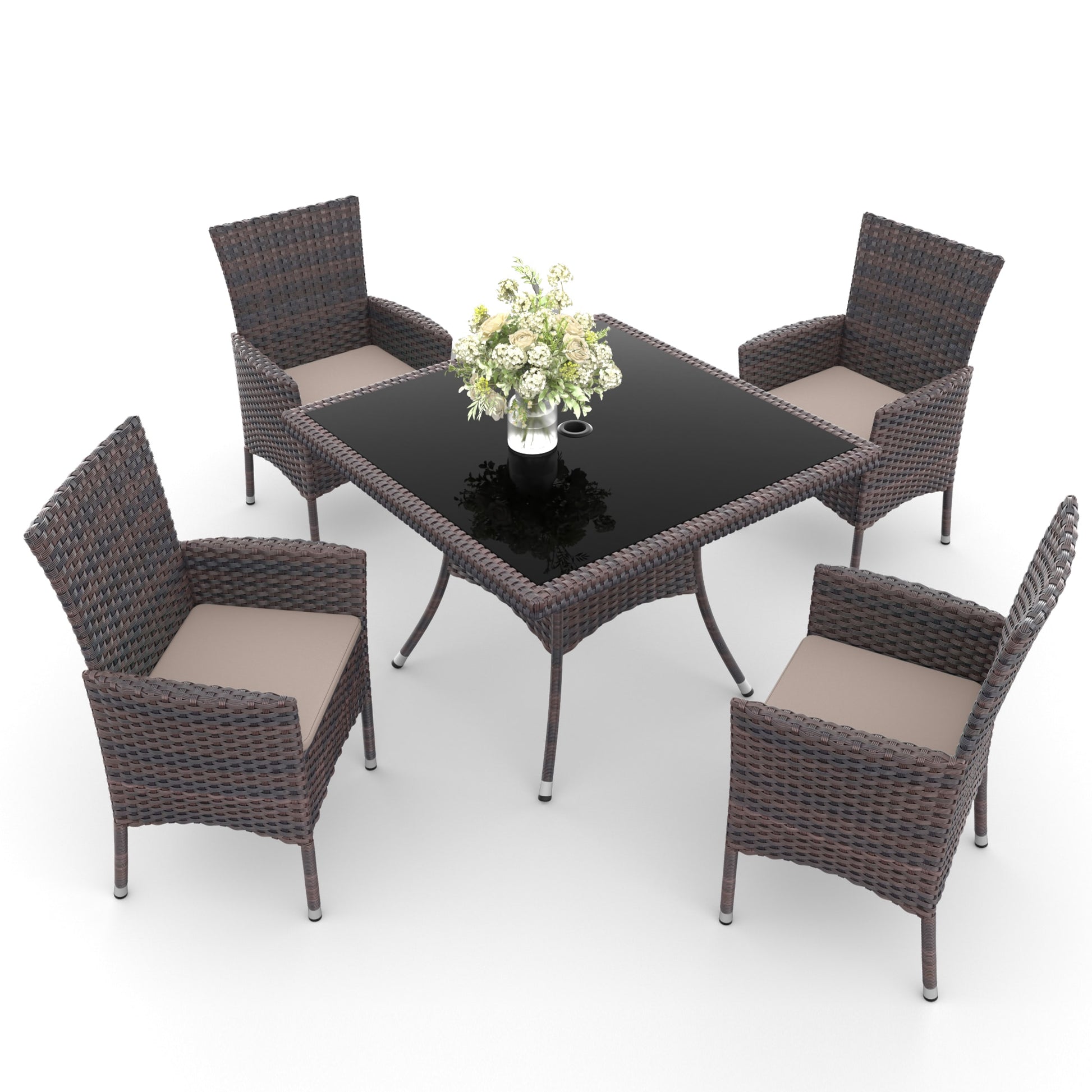ALAULM 5 -Piece Brown Rattan Patio Dining Set Extendable Table Rattan Square Table with 4 Yellow Cushions Stationary Chairs