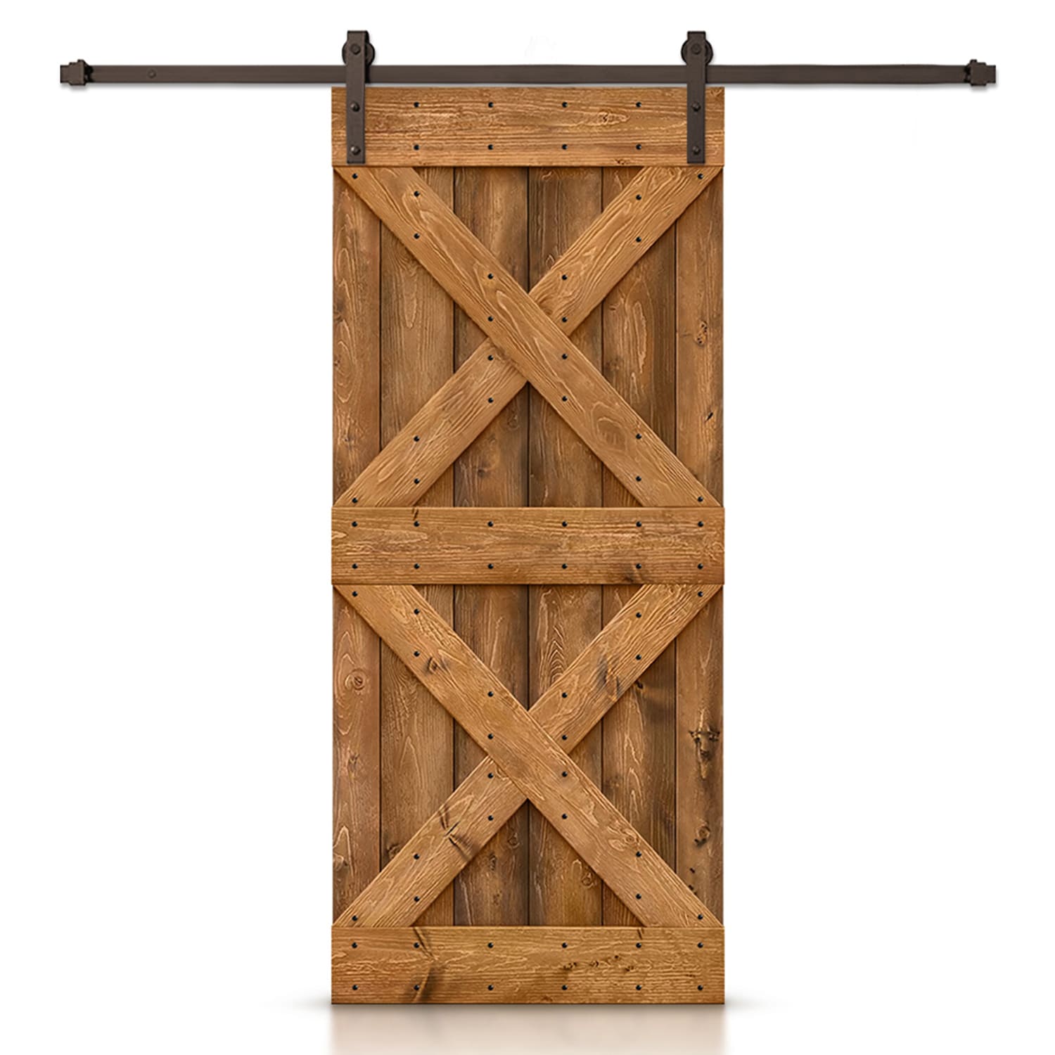 CALHOME 30-in x 84-in Walnut Stained Cross bar Pine Wood Hollow core Single Barn Door (Hardware Included)