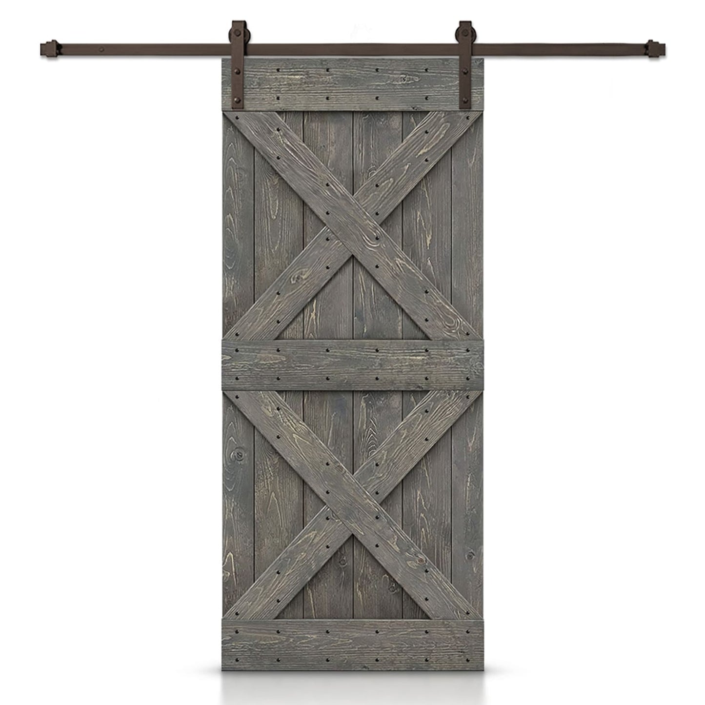 CALHOME 36-in x 84-in Weather Gray Stained Cross bar Pine Wood Hollow core Single Barn Door (Hardware Included)