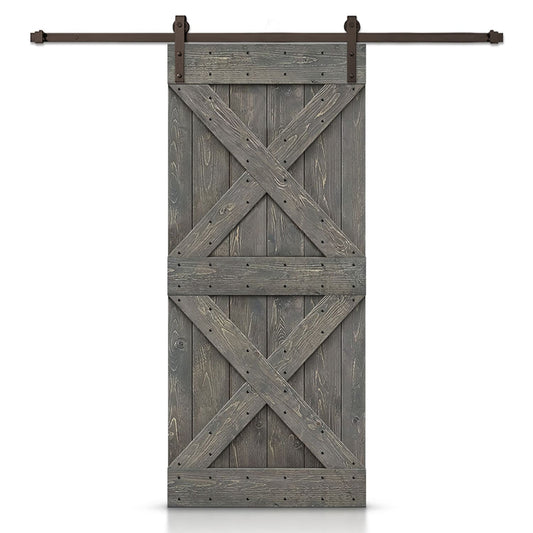 CALHOME 36-in x 84-in Weather Gray Stained Cross bar Pine Wood Hollow core Single Barn Door (Hardware Included)