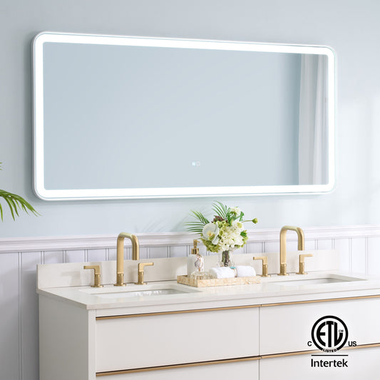 WELLFOR BONIE LED Mirror 60-in x 28-in Framed Rectangle Dimmable LED Lighted Fog Free Bathroom Vanity Mirror ( White )