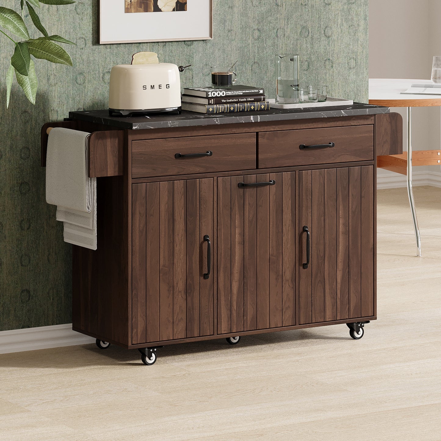 Runesay Brown MDF Base with MDF Wood Top Rolling Kitchen Island ( 20.55-in x 51.06-in x 35.04-in )