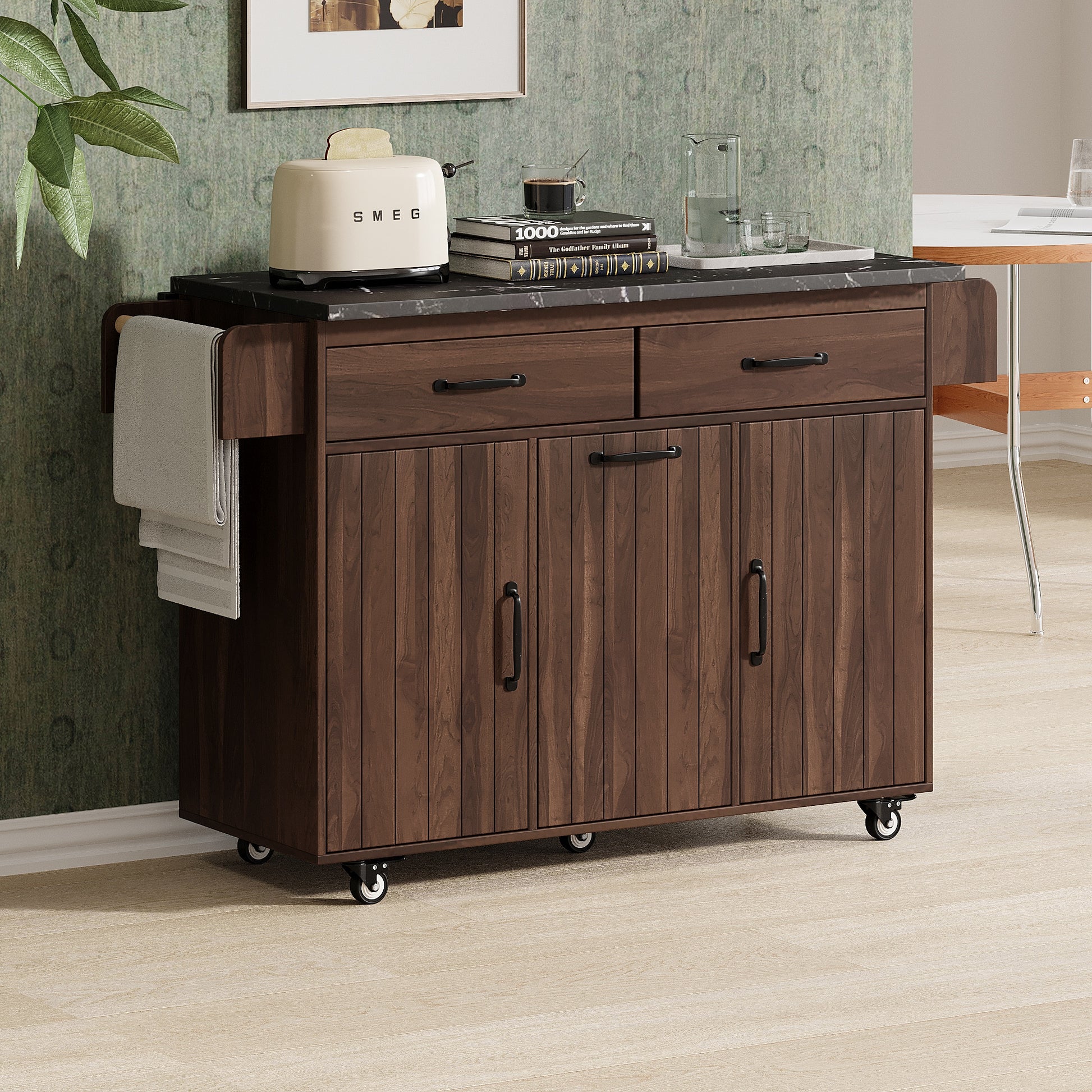 Runesay Brown MDF Base with MDF Wood Top Rolling Kitchen Island ( 20.55-in x 51.06-in x 35.04-in )