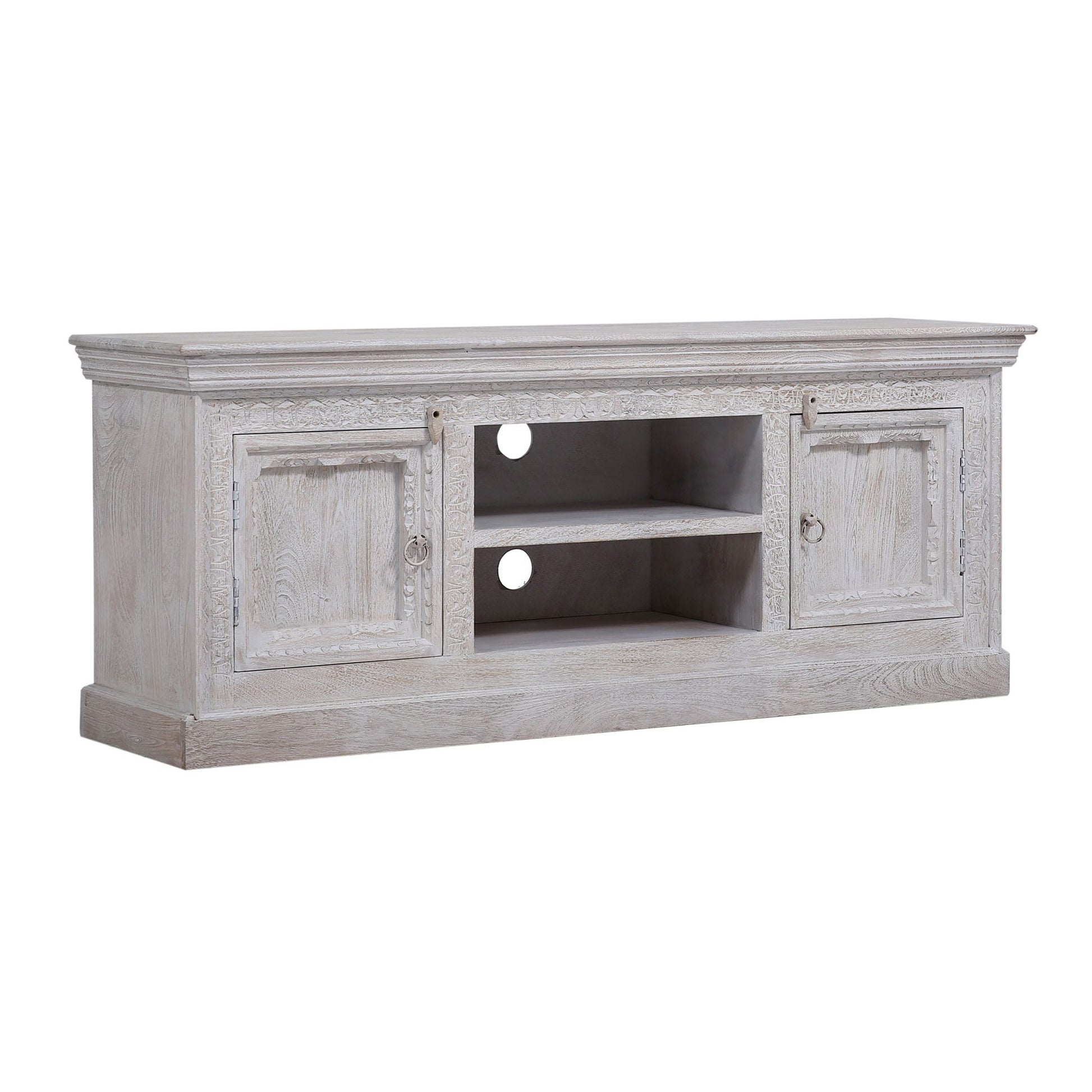 Maven Lane Mahala Handmade Heritage Wooden TV Stand Media Unit Rustic Entertainment Center Console Table for Living Room in Distressed White Finish 