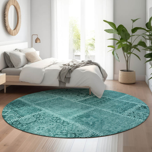 Addison Rugs Mayfield AMF635TQ 8 x 8 (ft) Loomed Polyester Turquoise Round Indoor Geometric Machine washable Pet Friendly Area rug