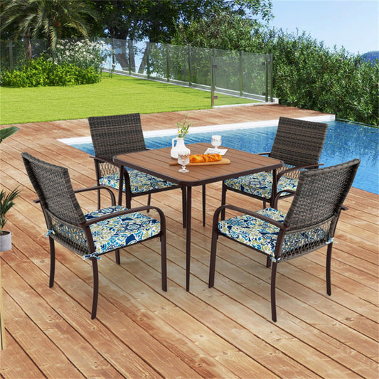 BABOOM Patio Dining Set 5 -Piece Mix Brown Rattan Patio Dining Set Iron Square Table with 4 Multiple colors/finishes Cushions Stationary Chairs