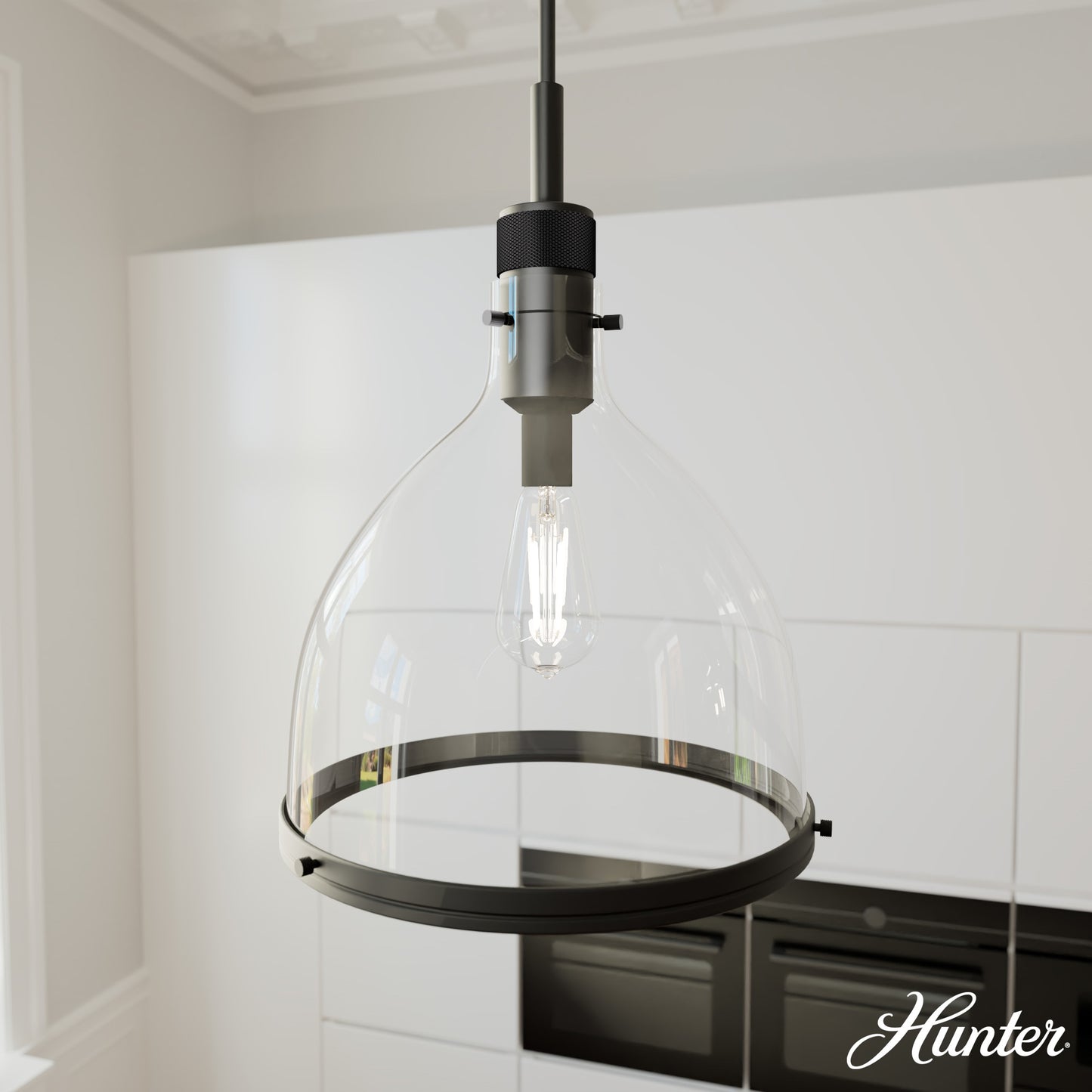 Hunter Van Nuys 1 -Light Matte Black Transitional Clear glass Bell Small Hanging Pendant Light