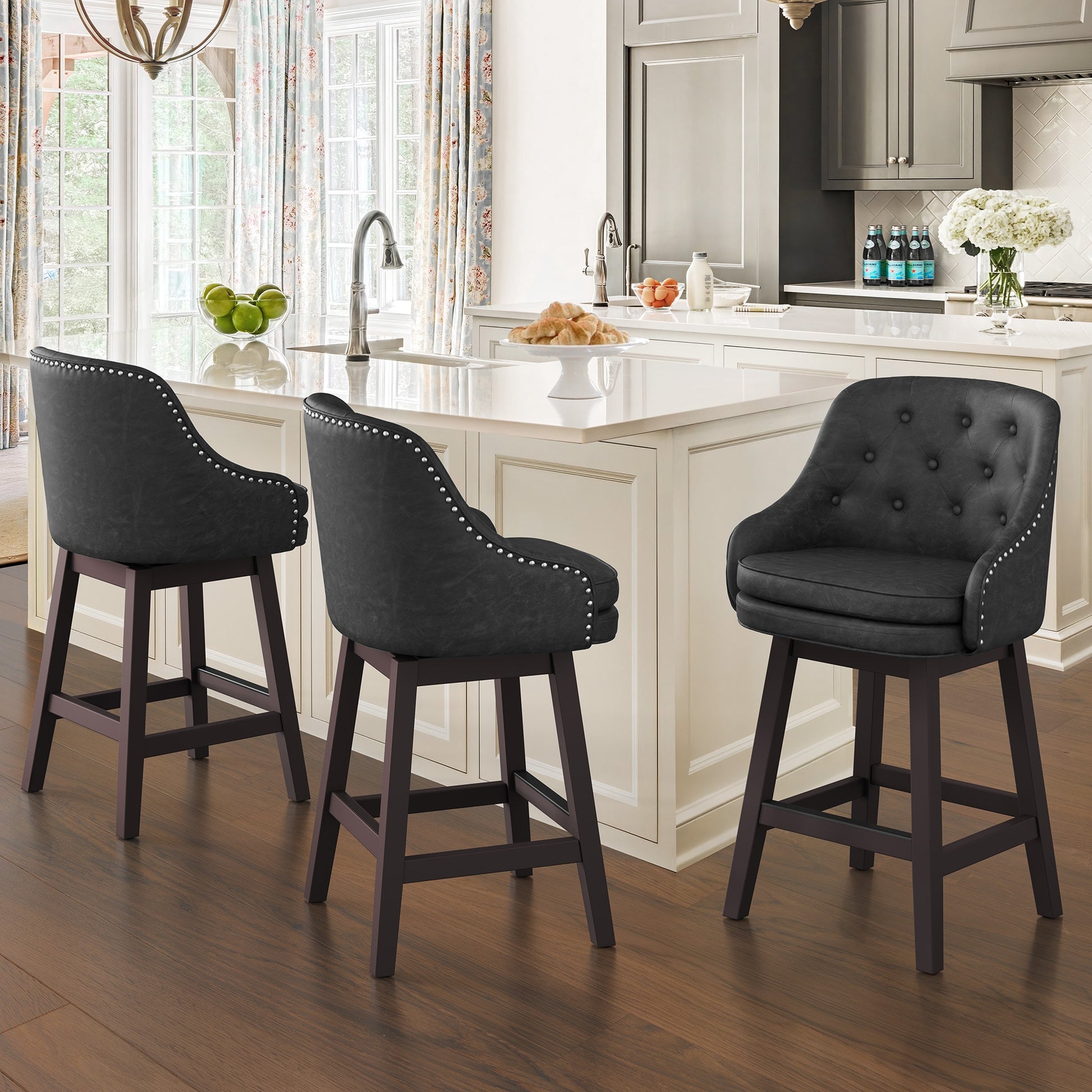 LUE BONA Black/Faux leather 26.5-in H Counter height Upholstered Swivel Wood Bar Stool 3 -Pack