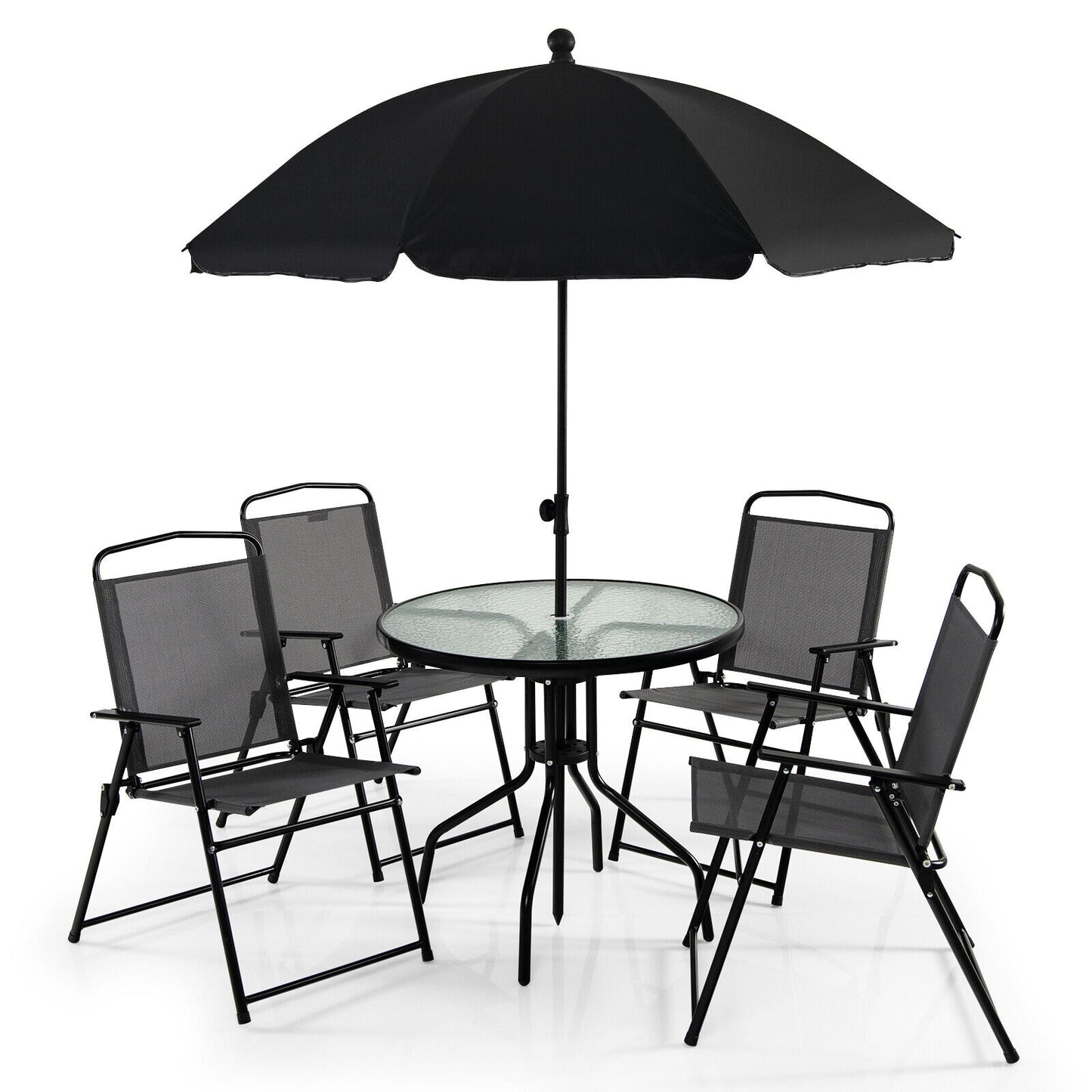 Forclover 6 -Piece Black Patio Dining Set Steel Round Table with 4 Black Stationary Chairs and Umbrella Included