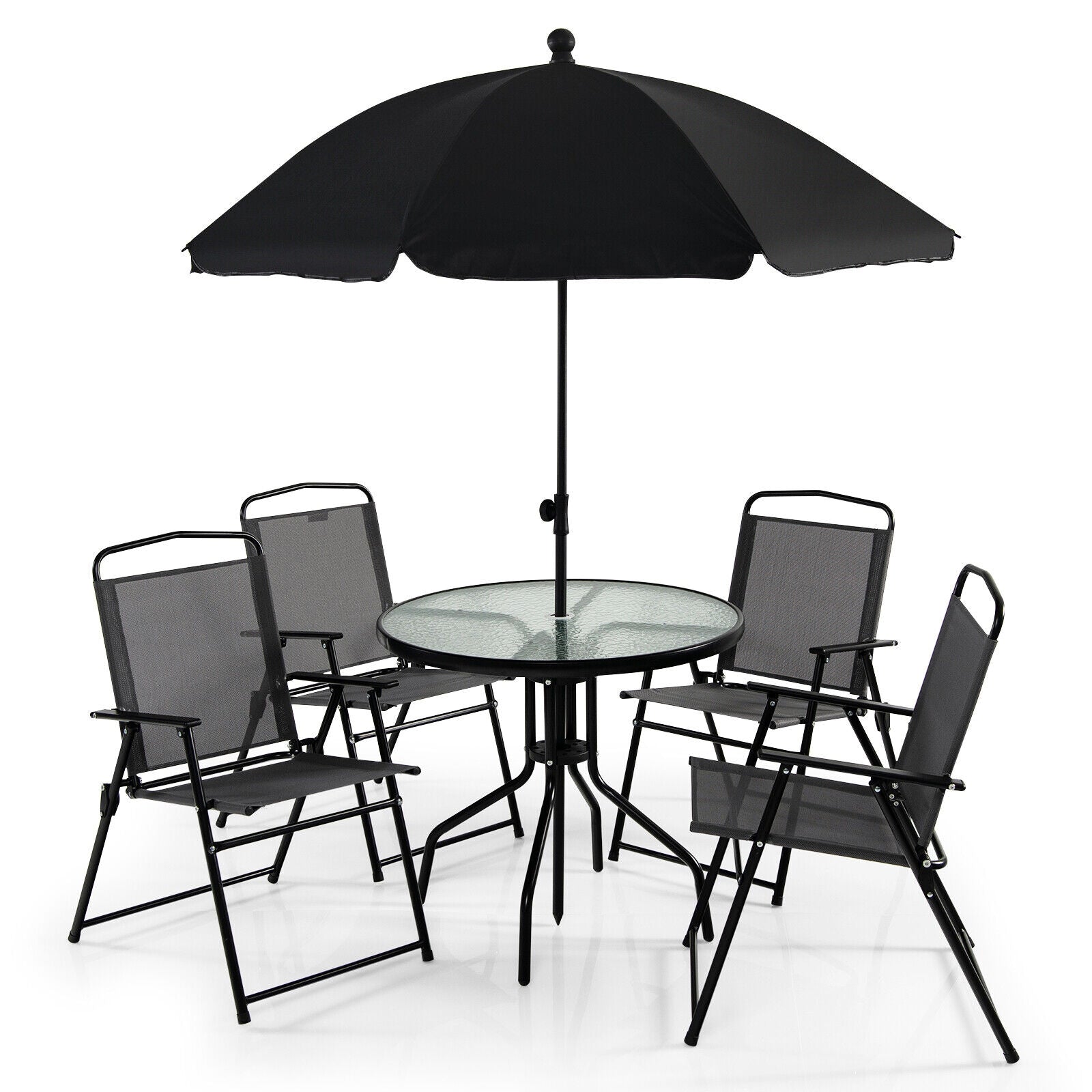 Forclover 6 -Piece Black Patio Dining Set Steel Round Table with 4 Black Stationary Chairs and Umbrella Included