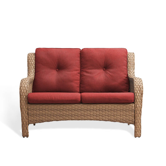 Rilyson Curved handrail Wicker Outdoor Loveseat with Red Cushions and Steel Frame