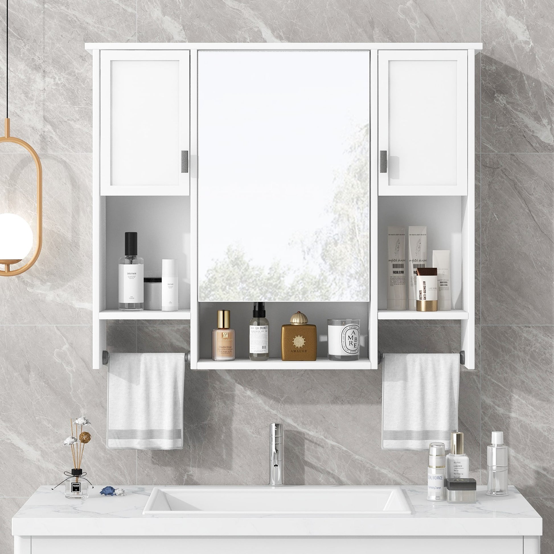 Forclover 35-in x 28.7-in Surface Mount White Mirrored Rectangle Soft Close Medicine Cabinet