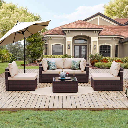 Patio Watcher Rattan Sofa Set 5 -Piece Wicker 4 Patio Sofa Conversation Set with Beige Cushions