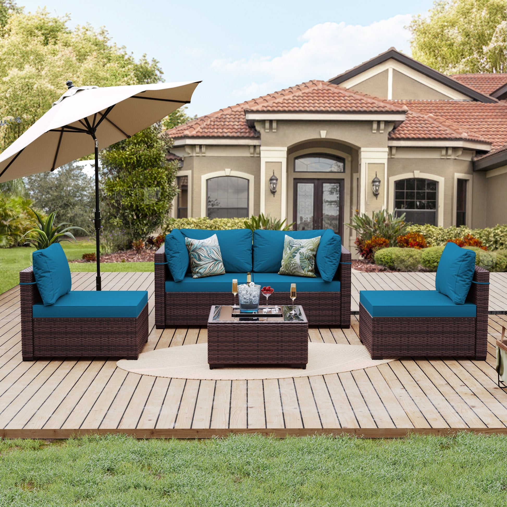 Patio Watcher Rattan Sofa Set 5 -Piece Wicker 4 Patio Sofa Conversation Set with Blue Cushions