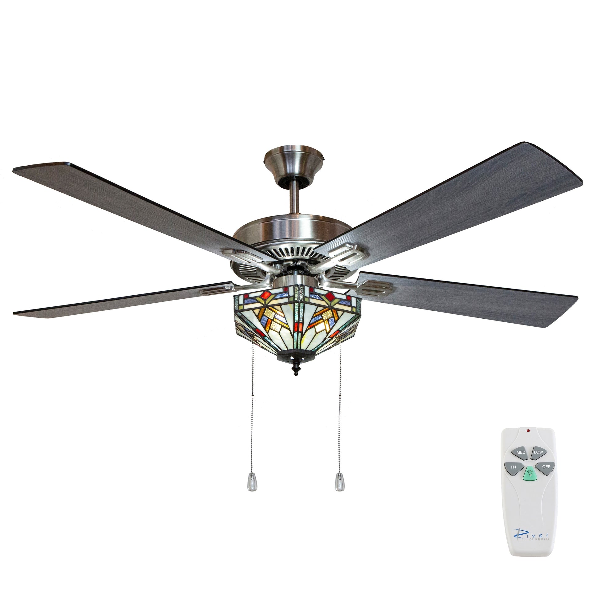 River of Goods 52-in Satin Nickle with Soft Grey and Grey/Black Blades Downrod or Flush Mount Ceiling Fan With Light 5 -Blade