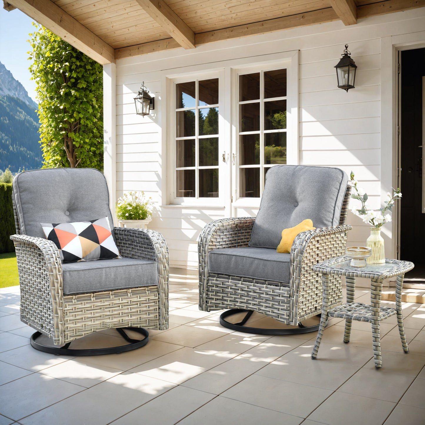 Pouuin 3 -Piece Wicker Patio Conversation Set with Dark Gray Cushions