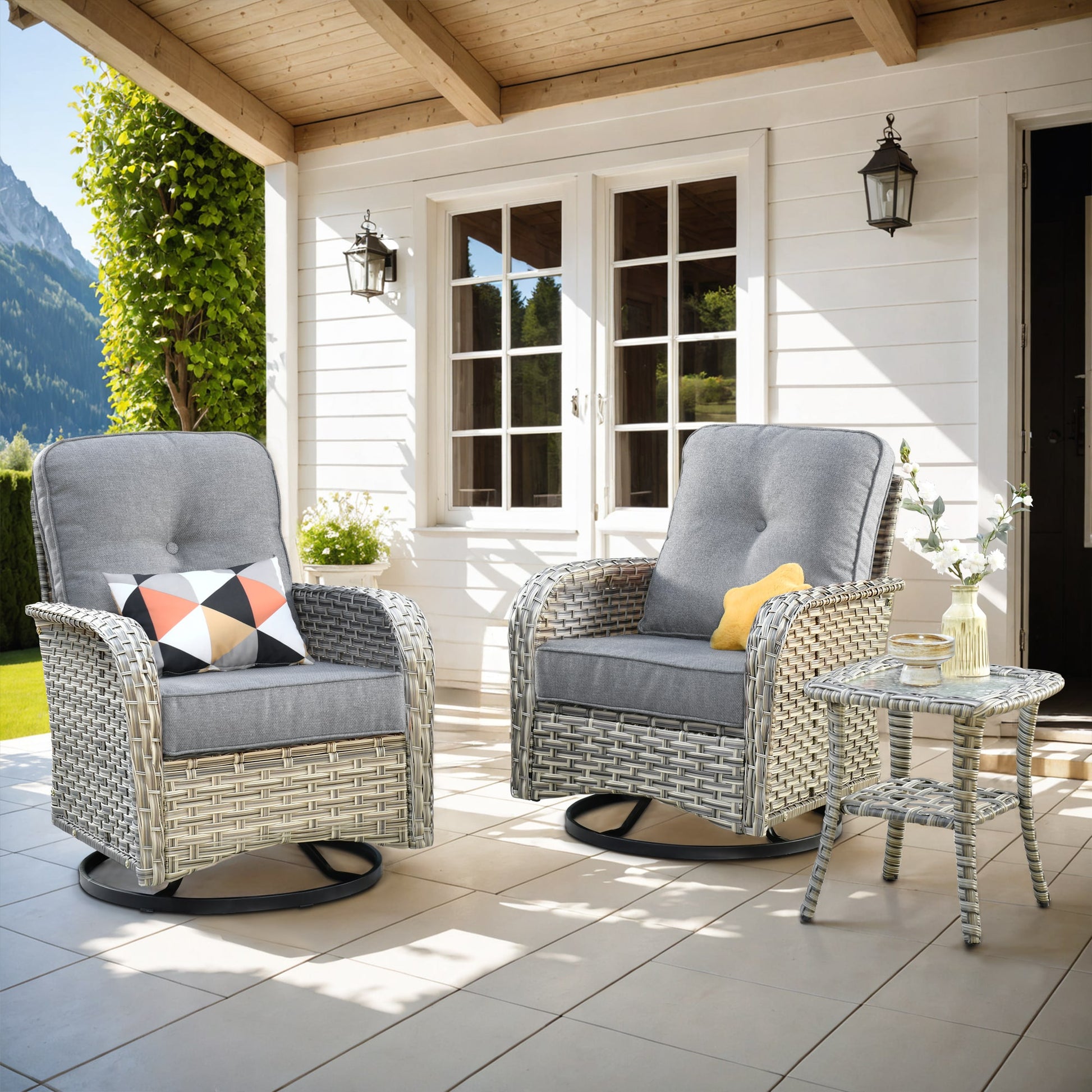 Pouuin 3 -Piece Wicker Patio Conversation Set with Dark Gray Cushions