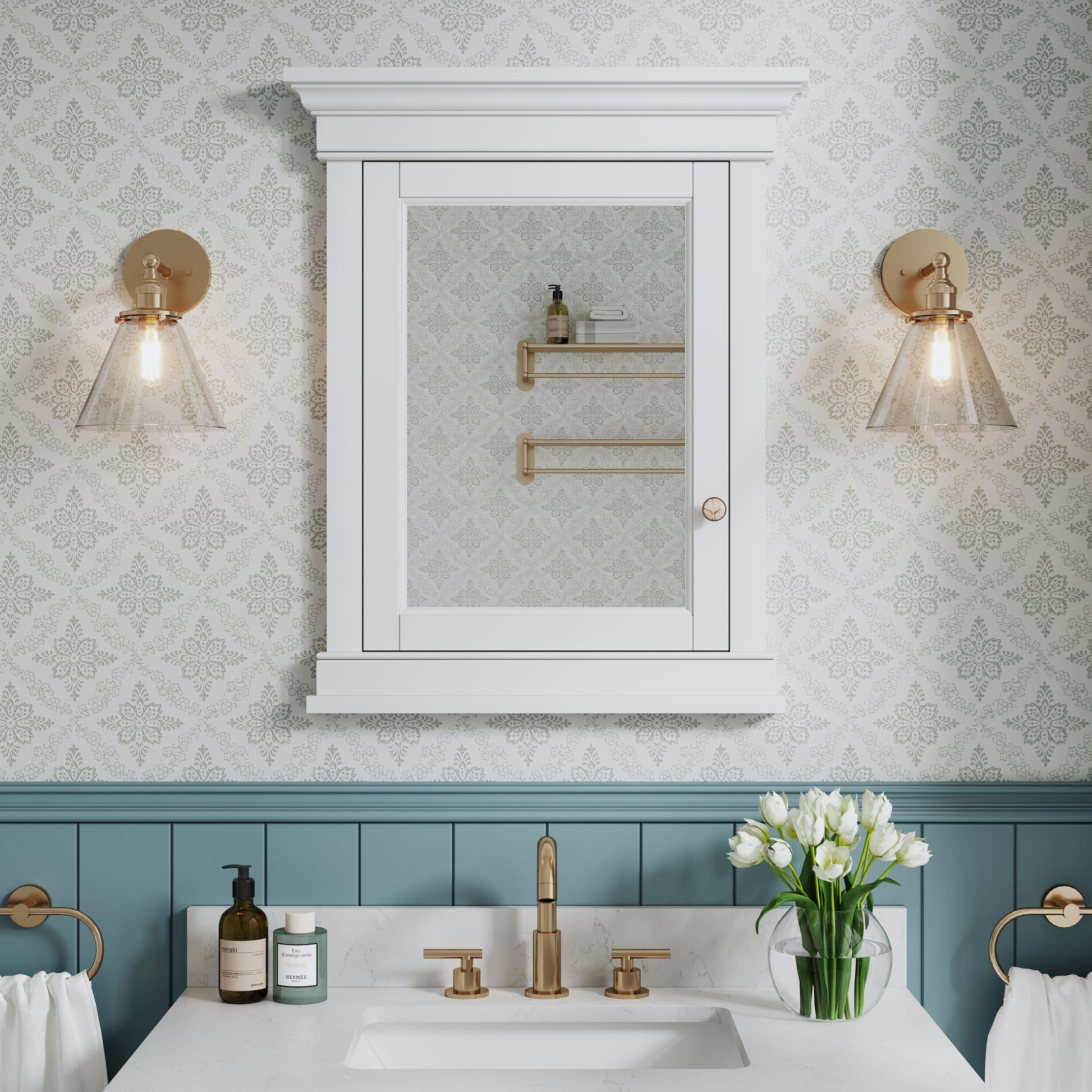 WELLFOR GRACE Solid Wood 26-in x 32-in Recessed Mount White Mirrored Rectangle Soft Close Medicine Cabinet