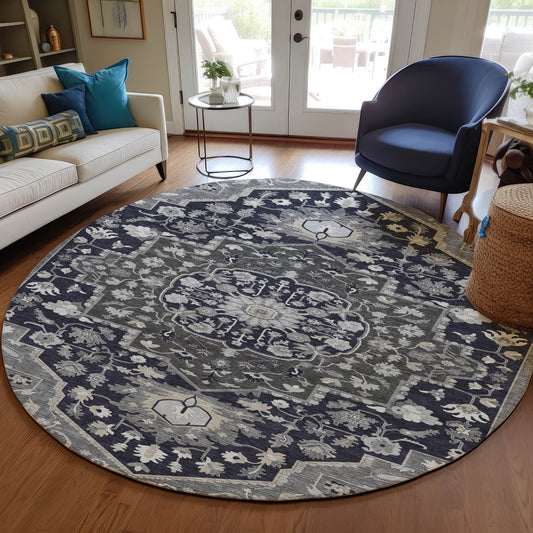 Addison Rugs Chantille ACN985BK 8 x 8 (ft) Loomed Polyester Black Round Indoor/Outdoor Geometric Machine washable Pet Friendly Area rug
