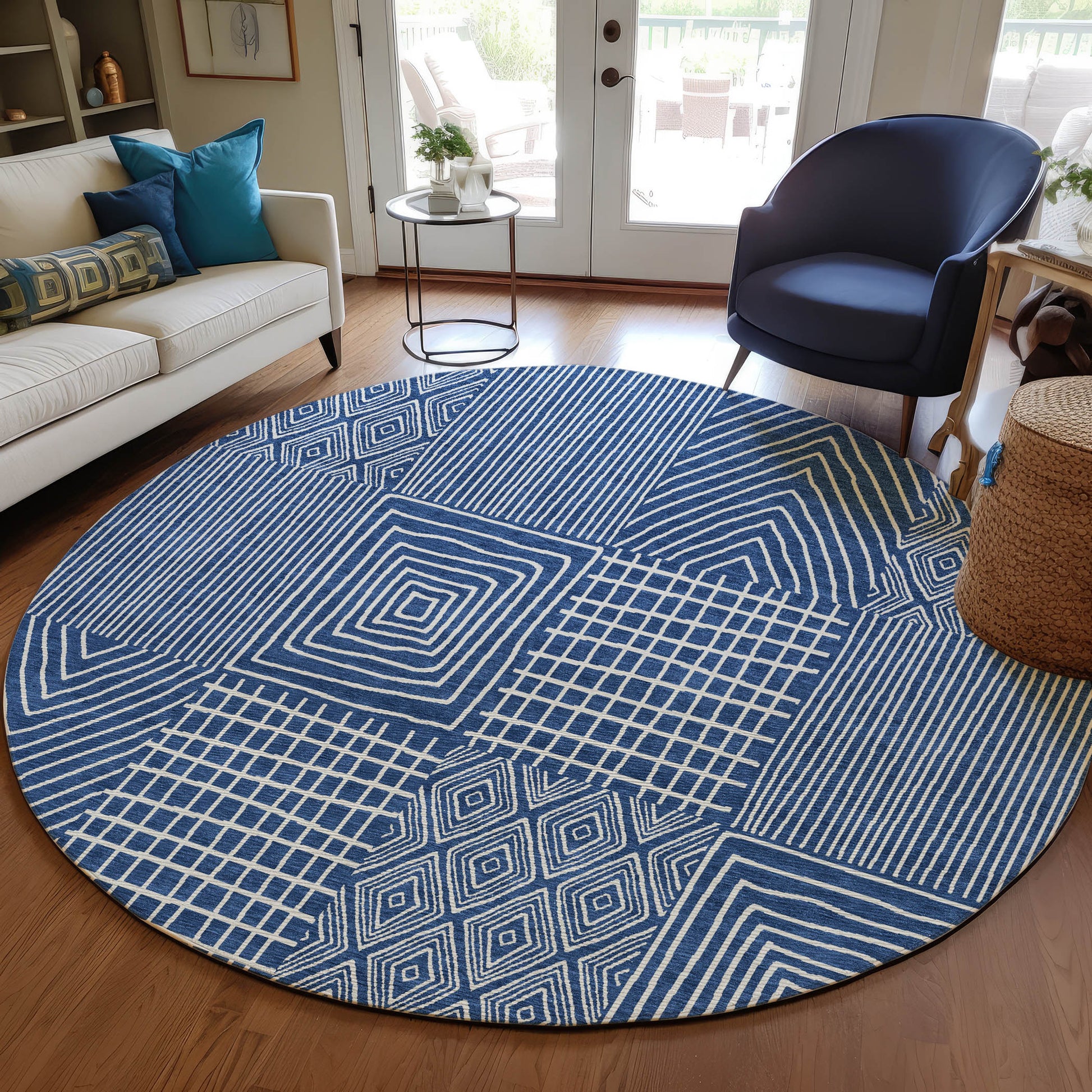 Addison Rugs Chantille ACN990NA 8 x 8 (ft) Loomed Polyester Navy Round Indoor/Outdoor Geometric Machine washable Pet Friendly Area rug