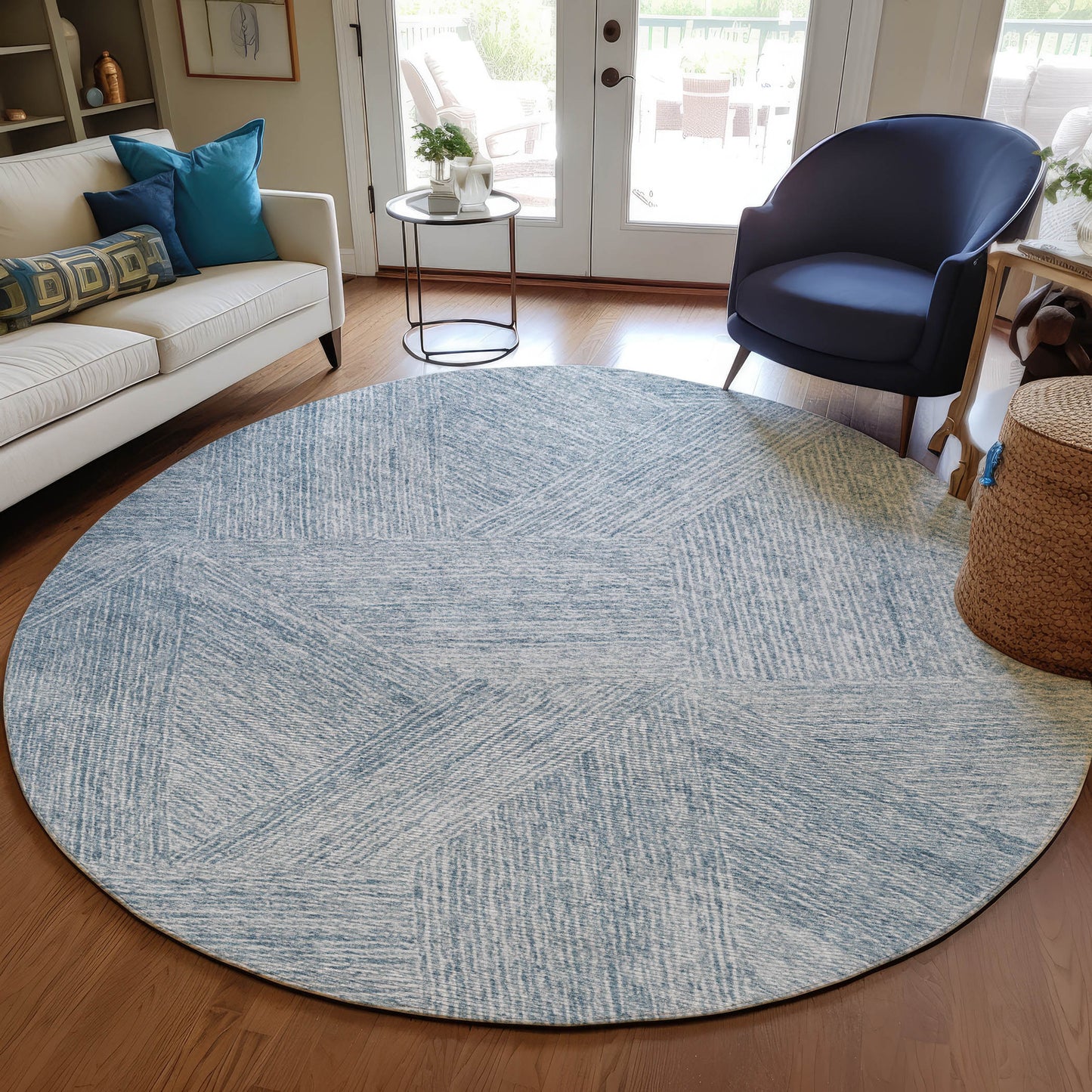 Addison Rugs Chantille ACN991DN 8 x 8 (ft) Loomed Polyester Denim Round Indoor/Outdoor Geometric Machine washable Pet Friendly Area rug