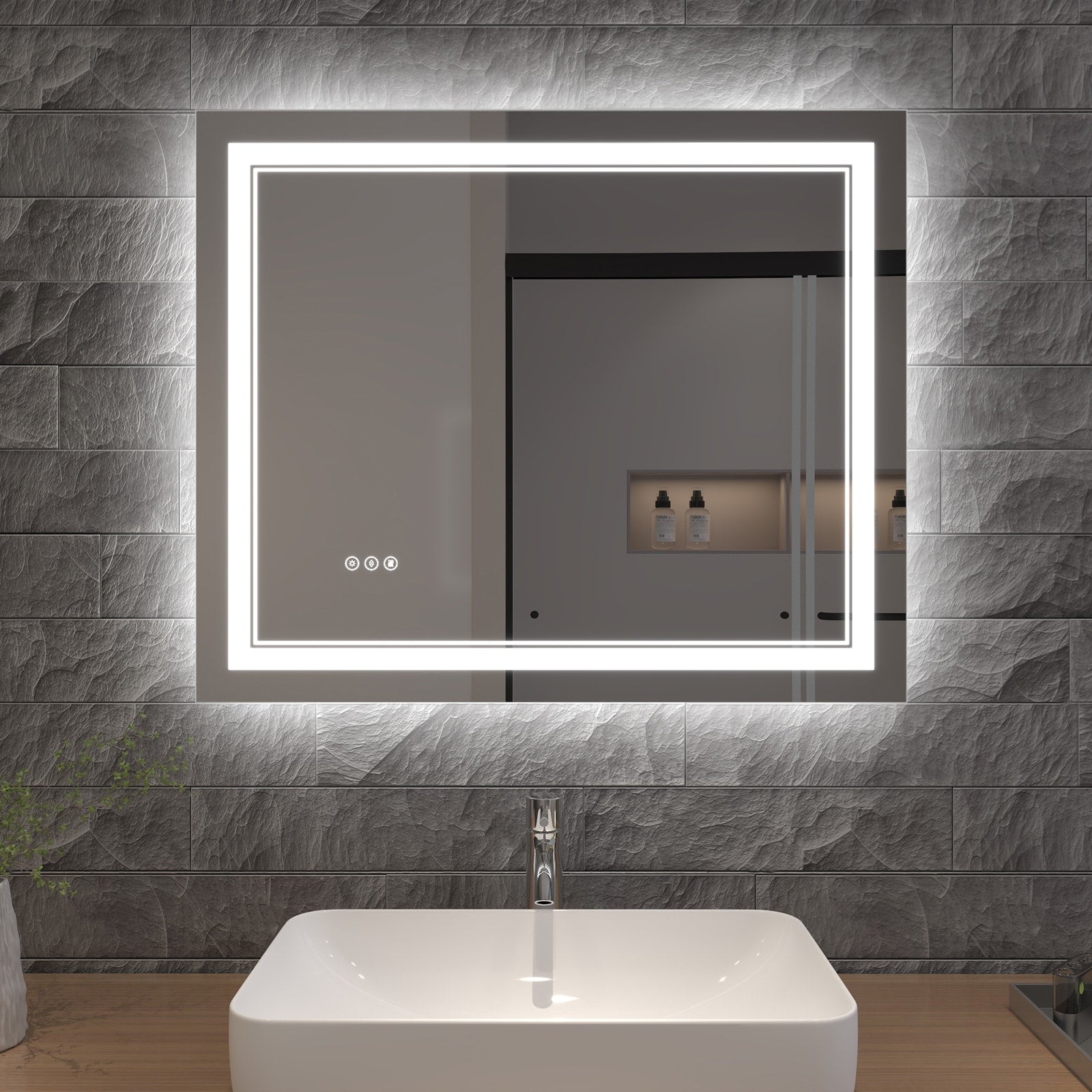 AAZJ HS 30-in x 36-in Polished Frameless Rectangle Dimmable LED Lighted Fog Free Bathroom Vanity Mirror ( White )