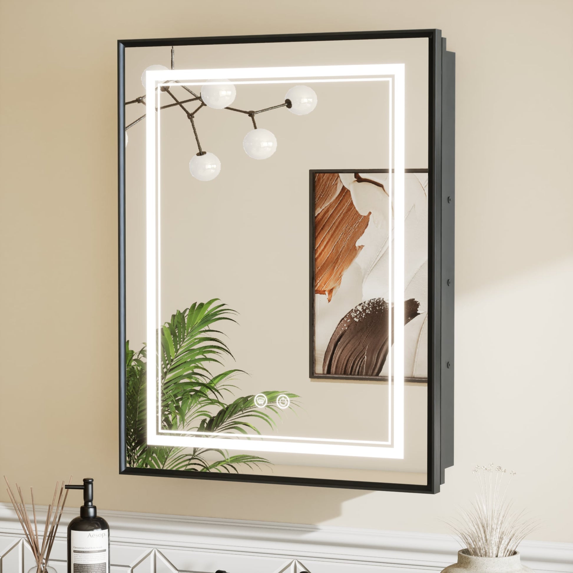 Keonjinn Led Medicine Cabinet Mirror 20-in x 26-in Lighted LED Fog Free Surface/Recessed Mount Matte Black Mirrored Rectangle Soft Close Medicine Cabinet with Outlet