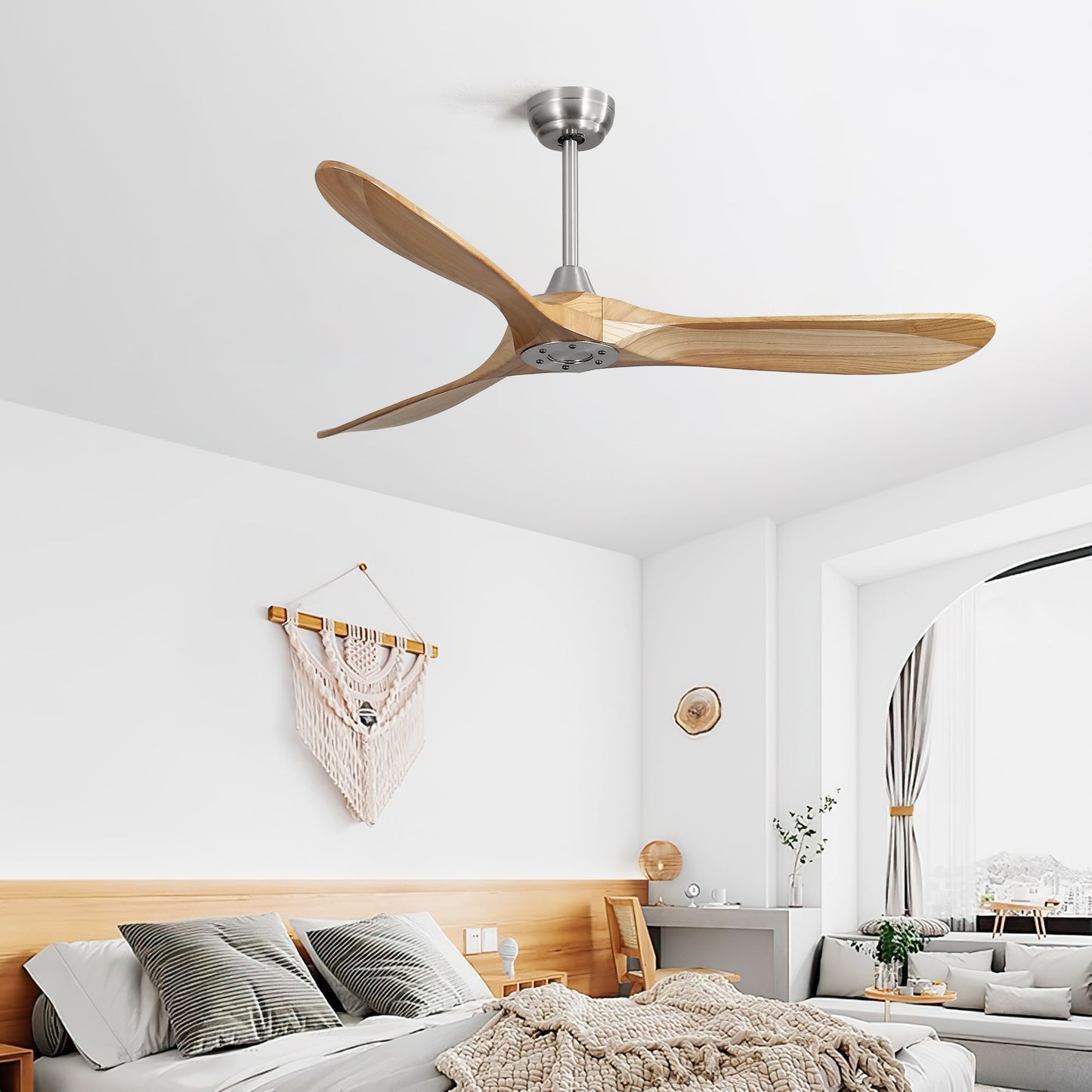 Bayfeve Adjustable Speed 60-in Brushed Nickel with Natural Color Solid Wood Blades Covered Outdoor Ceiling Fan Without Light and Remote Included 3 -Blade