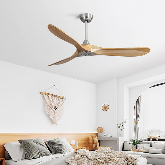 Bayfeve Adjustable Speed 60-in Brushed Nickel with Natural Color Solid Wood Blades Covered Outdoor Ceiling Fan Without Light and Remote Included 3 -Blade