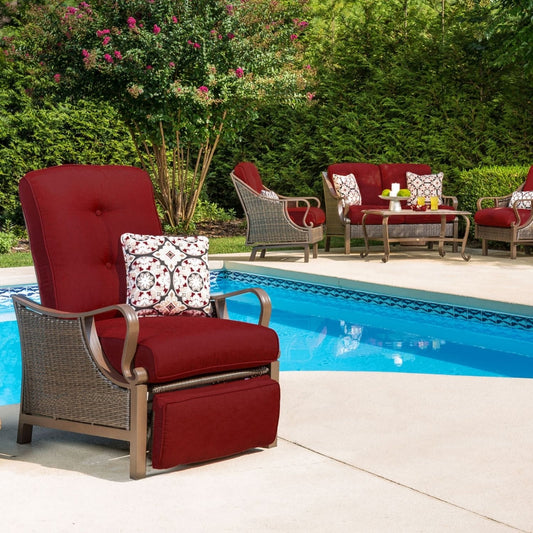 Hanover Ventura Wicker Cocoa Stone Steel Frame Stationary Recliner Chair with Red Cushioned Seat