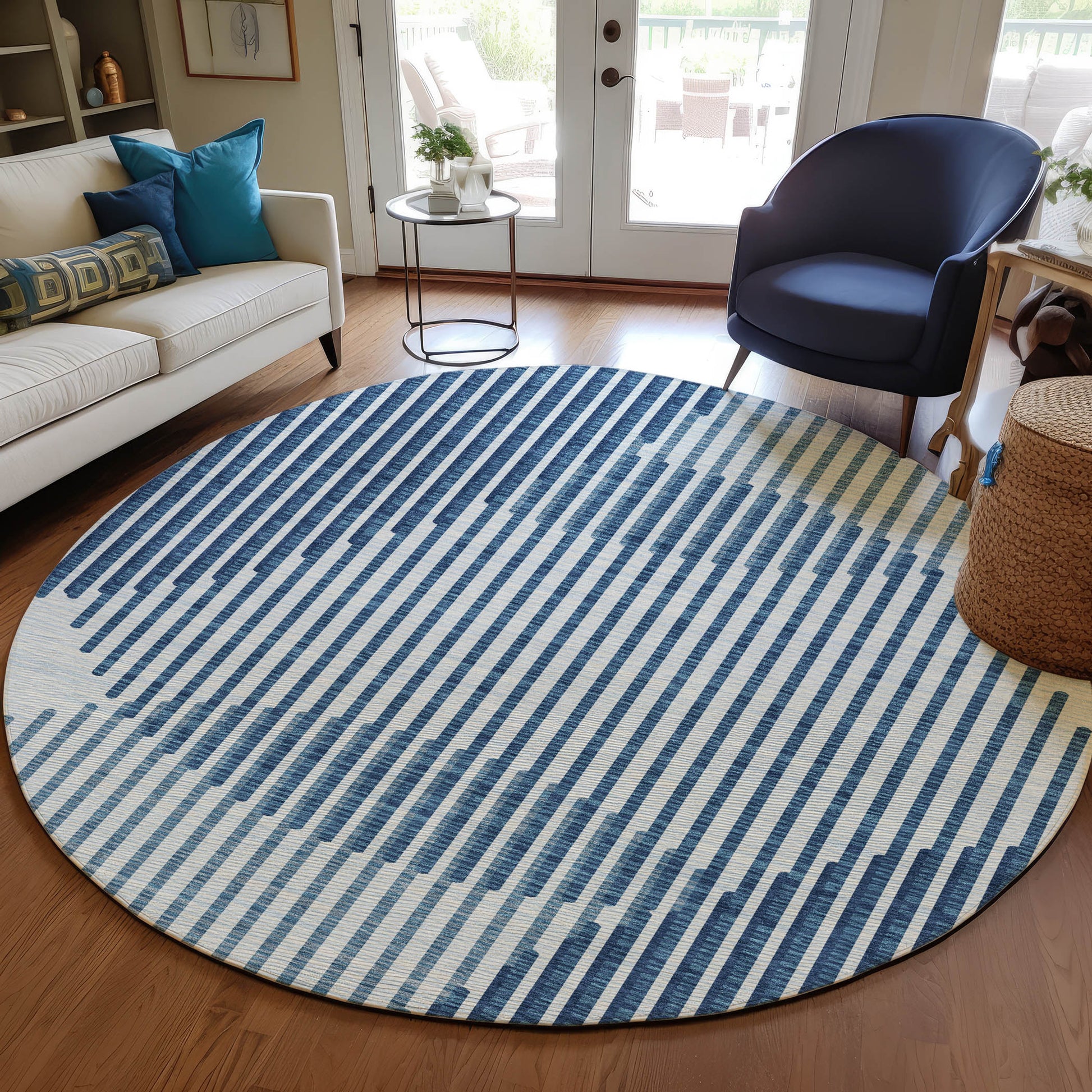 Addison Rugs Chantille ACN1001BU 8 x 8 (ft) Loomed Polyester Blue Round Indoor/Outdoor Machine washable Pet Friendly Area rug