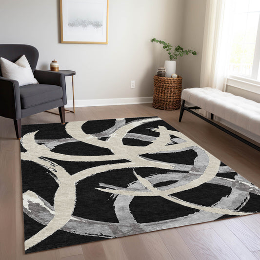 Addison Rugs Chantille ACN1022BK 9 x 12 (ft) Loomed Polyester Black Rectangular Indoor/Outdoor Machine washable Pet Friendly Area rug