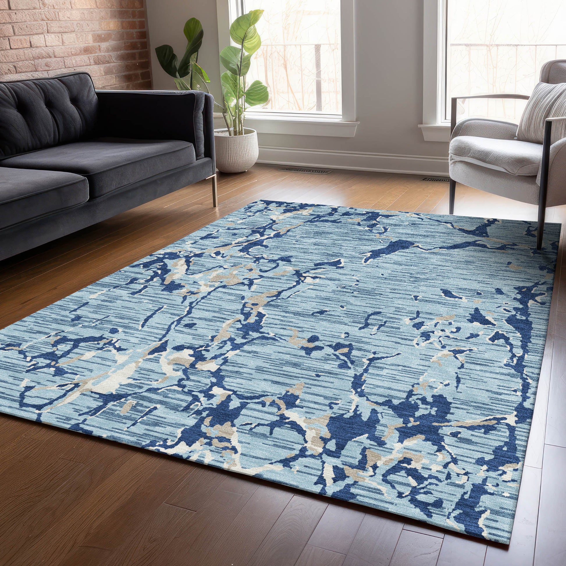 Addison Rugs Chantille ACN1046DN 10 x 14 (ft) Polyester Denim Rectangular Indoor/Outdoor Geometric Machine washable Pet Friendly Area rug