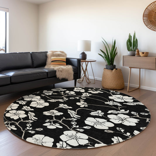 Addison Rugs Chantille ACN1032BK 8 x 8 (ft) Loomed Polyester Black Round Indoor/Outdoor Machine washable Pet Friendly Area rug