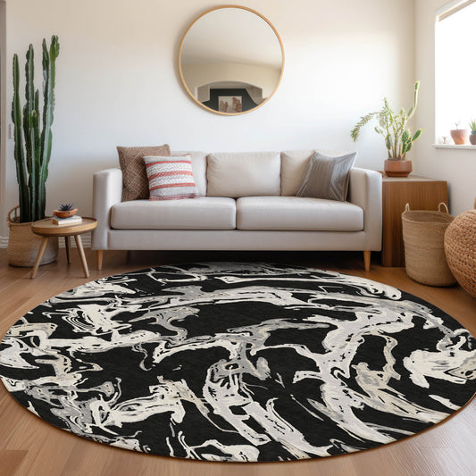 Addison Rugs Chantille ACN1035BK 8 x 8 (ft) Loomed Polyester Black Round Indoor/Outdoor Machine washable Pet Friendly Area rug