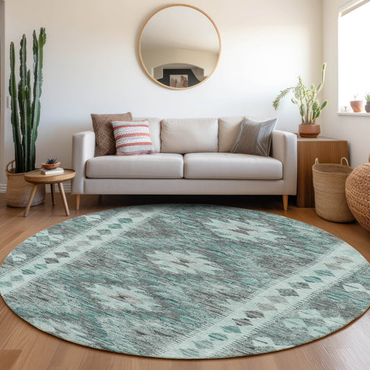 Addison Rugs Chantille ACN1226TE 8 x 8 (ft) Polyester Teal Round Indoor/Outdoor Geometric Machine washable Pet Friendly Area rug