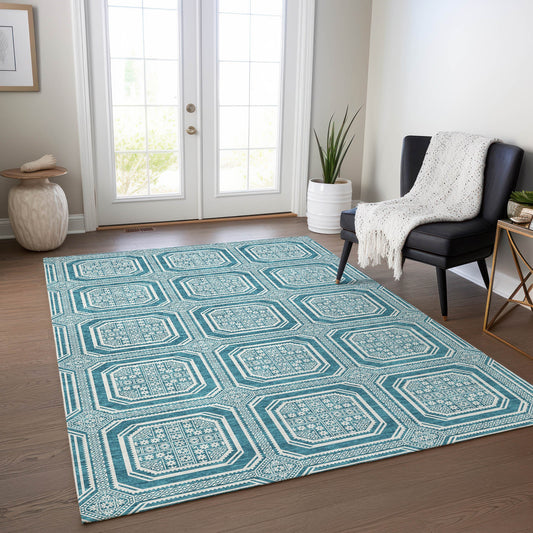 Addison Rugs Chantille ACN1463TE 8 x 10 (ft) Polyester Teal Rectangular Indoor/Outdoor Geometric Machine washable Pet Friendly Area rug