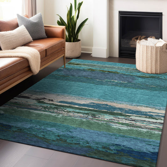 Addison Rugs Chantille ACN1285TE 10 x 14 (ft) Polyester Teal Rectangular Indoor/Outdoor Geometric Machine washable Pet Friendly Area rug