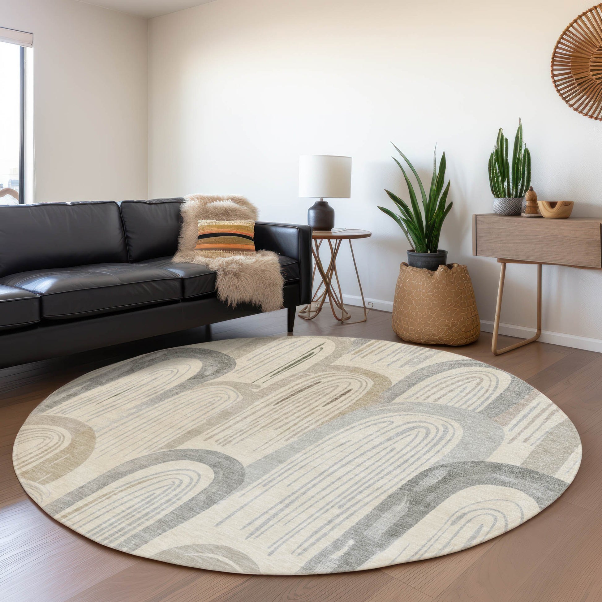 Addison Rugs Chantille ACN1589BG 8 x 8 (ft) Polyester Beige Round Indoor/Outdoor Geometric Machine washable Pet Friendly Area rug