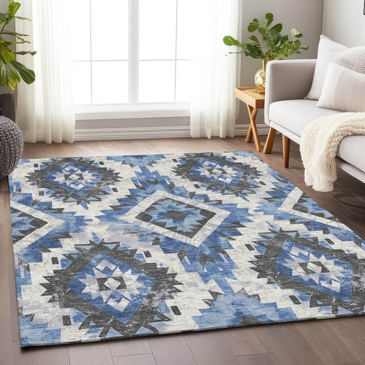 Addison Rugs Chantille ACN1878BU 8 x 10 (ft) Loomed Polyester Blue Rectangular Indoor/Outdoor Geometric Machine washable Pet Friendly Area rug