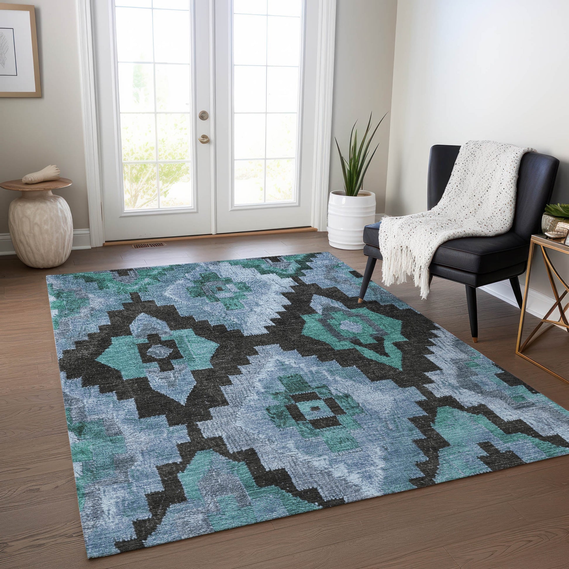 Addison Rugs Chantille ACN1894TE 8 x 10 (ft) Loomed Polyester Teal Rectangular Indoor/Outdoor Geometric Machine washable Pet Friendly Area rug