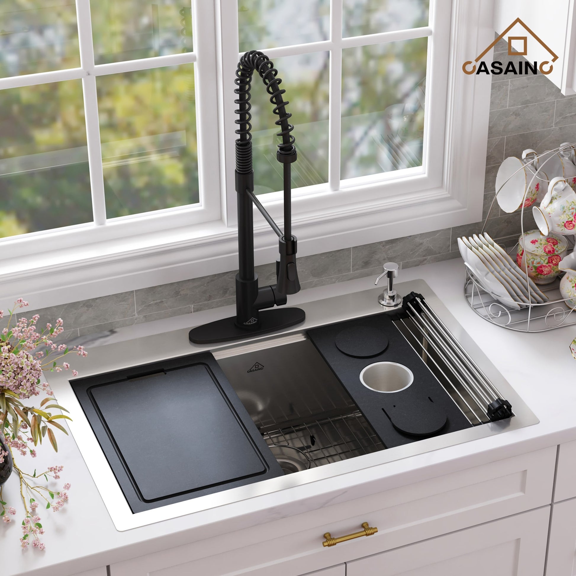 CASAINC Drop-in 33-in x 22-in Stainless steel Single bowl 18 -Gauge Workstation Kitchen Sink with Drainboard