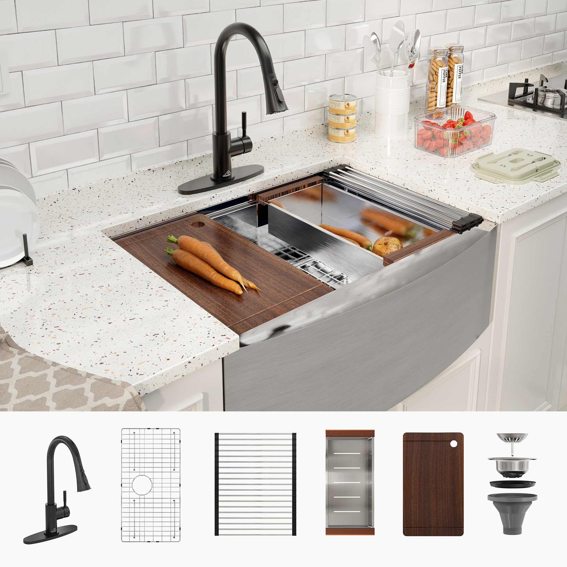 CASAINC Farmhouse apron front 33-in x 22-in Stainless steel Single bowl 18 -Gauge Workstation Kitchen Sink All-in-One Kit with Drainboard