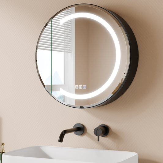 ExBrite Halo 24-in x 24-in Lighted LED Fog Free Surface Mount Matte Black Mirrored Round Soft Close Medicine Cabinet