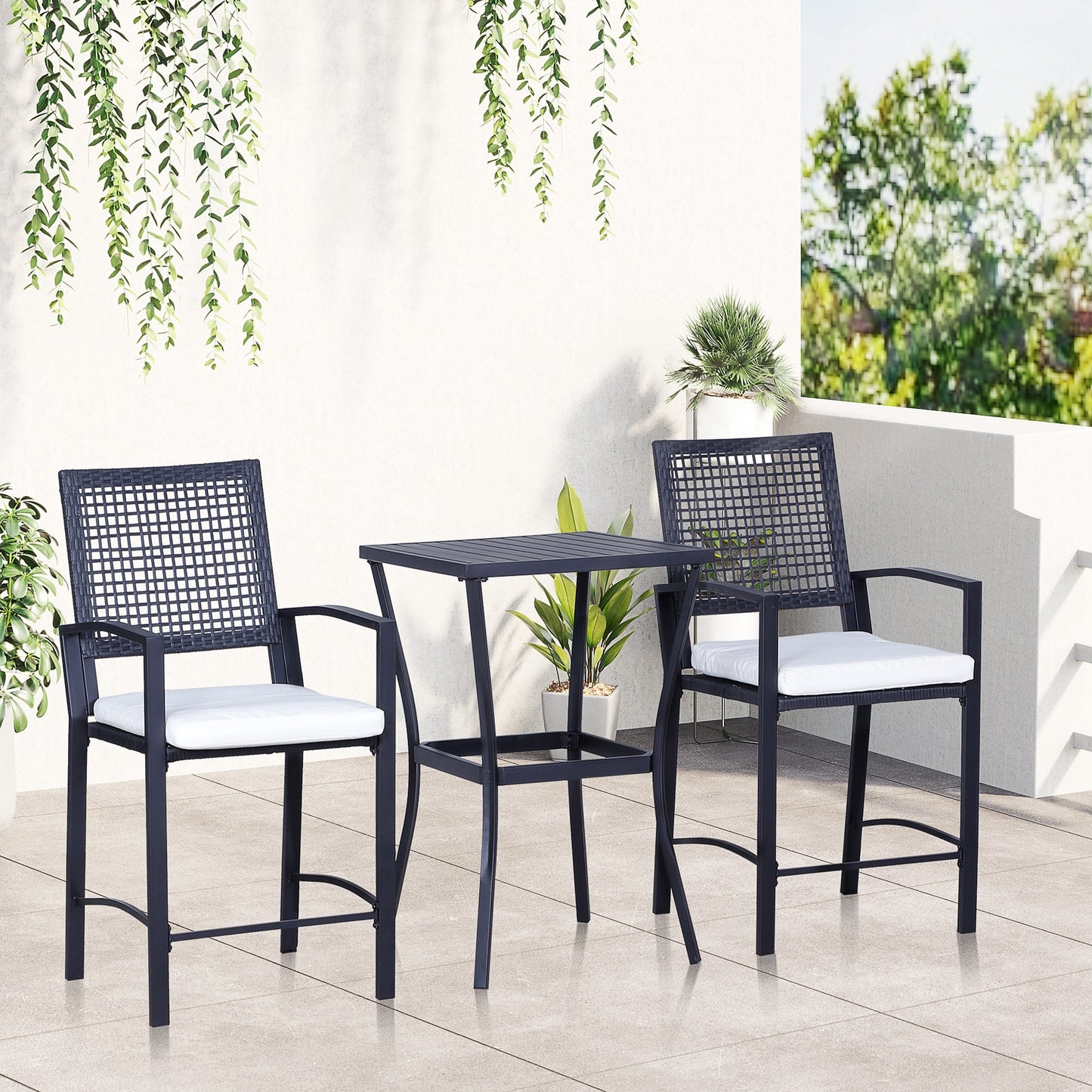 BABOOM Outdoor Dining Furniture Sets 3 -Piece Black Rattan Counter height Steel Square Table with 2 White Cushions Stationary Chairs