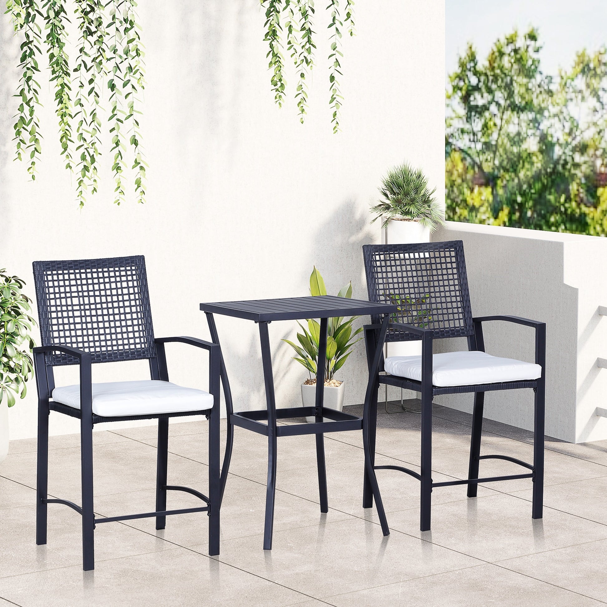 BABOOM Outdoor Dining Furniture Sets 3 -Piece Black Rattan Counter height Steel Square Table with 2 White Cushions Stationary Chairs