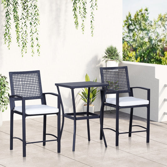 BABOOM Outdoor Dining Furniture Sets 3 -Piece Black Rattan Counter height Steel Square Table with 2 White Cushions Stationary Chairs
